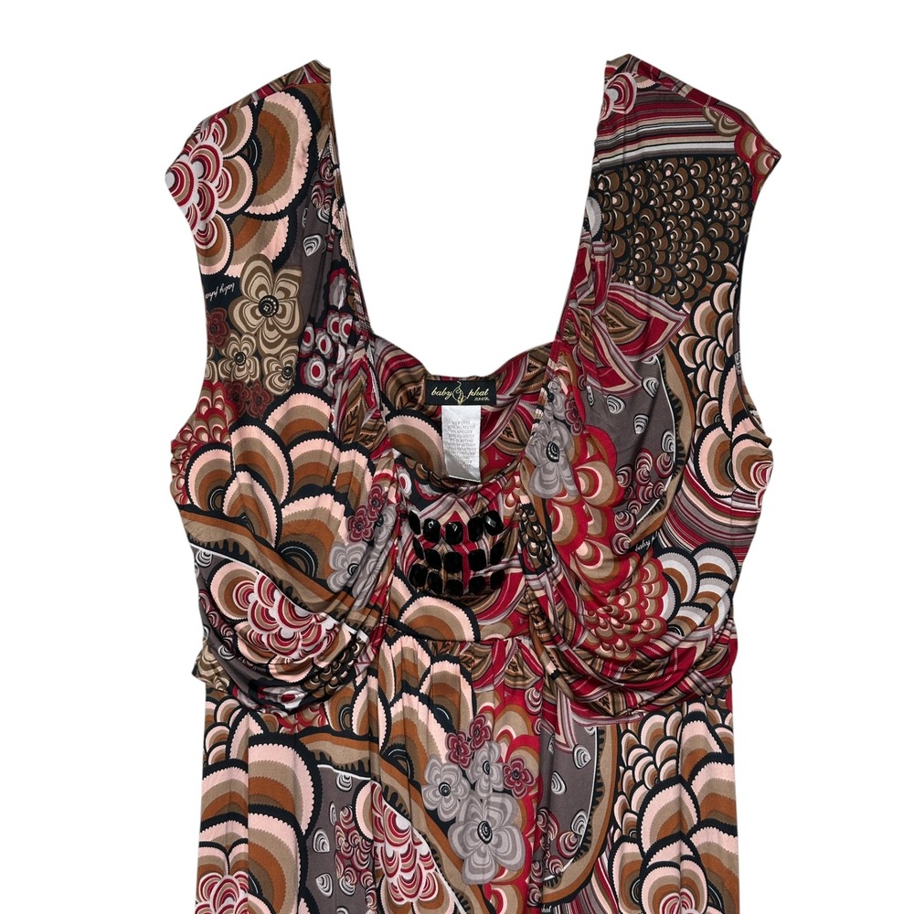 Baby Phat Mini Dress 2X Red Paisley Beaded Ruched Y2K Boho McBling Plus Size - Picture 3 of 8